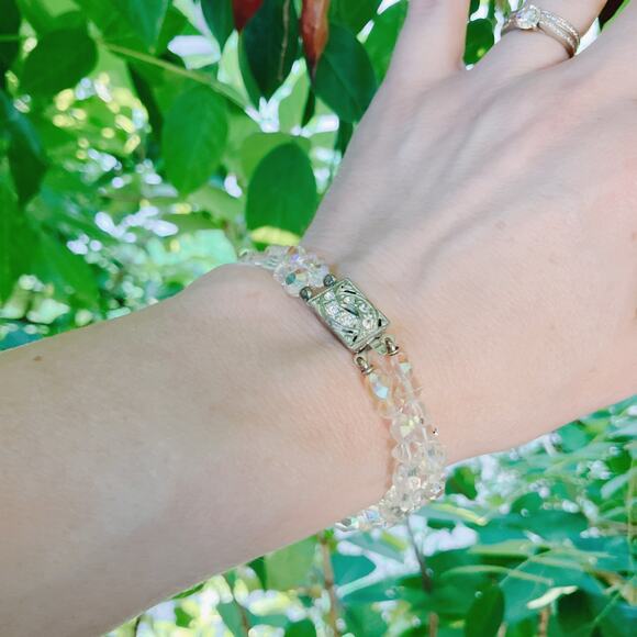 VTG Mid Century AB Crystal Double Strand Bracelet with Filigree Clasp 1950s - Picture 9 of 12